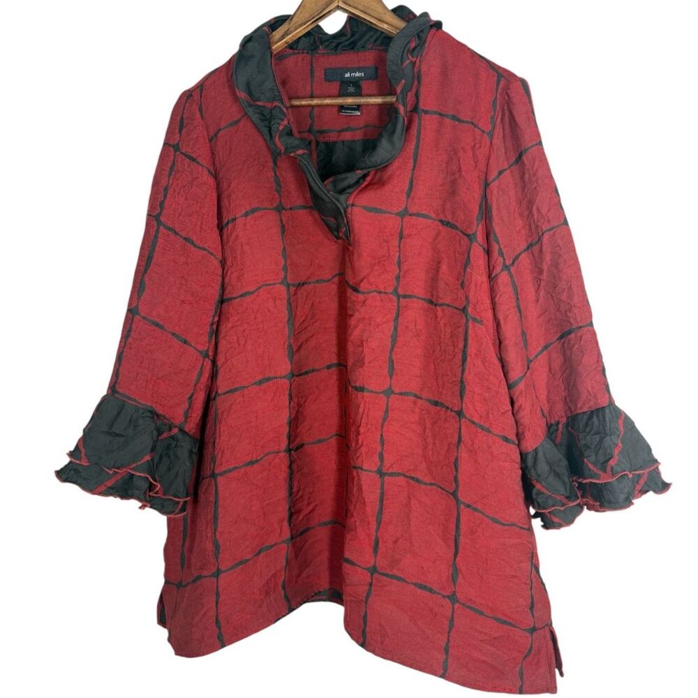 Ali Miles Womens Red Black Top Sz L Eclectic Artsy Art to Wear Quirky Lagenlook